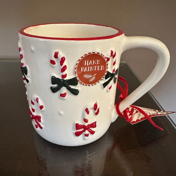 NWT 2025 Peppermint and Pine Candy Canes Red & Black Bows Christmas Mug - Picture 1 of 4